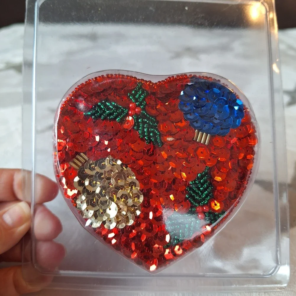 Vintage Sequined Satin Multicolor‎ Heart Box Jewelry Trinket 3.5x3 inches